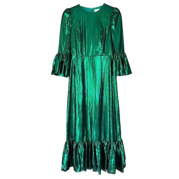 Pomander Place Emerald Crinkle Lurex Lillith Dress Maxi Green Size Small NEW - Picture 2 of 11